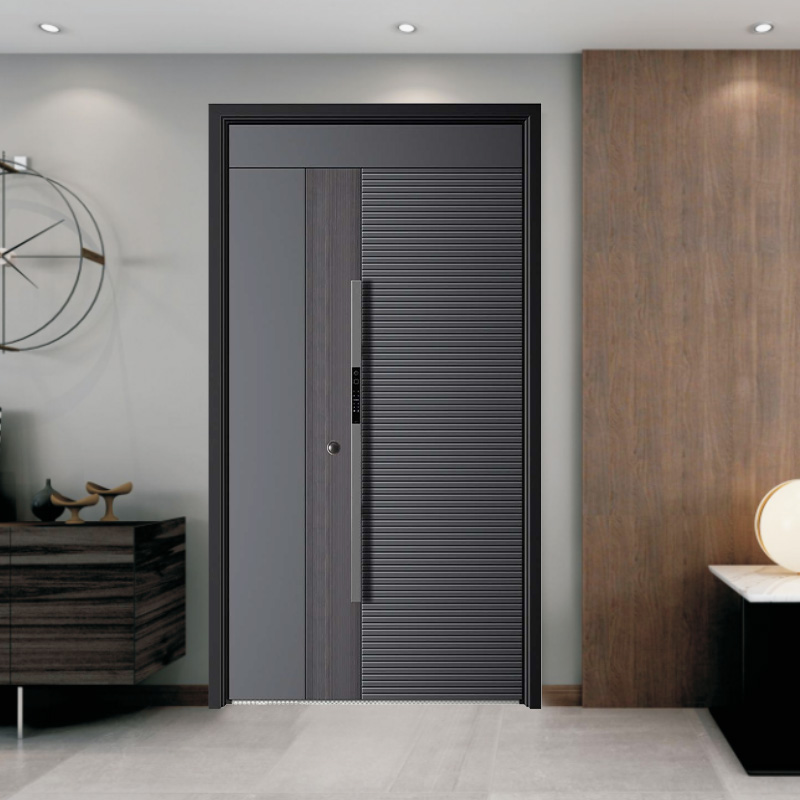 Grey Design Glass Inset Metal Exterior Steel Front Door